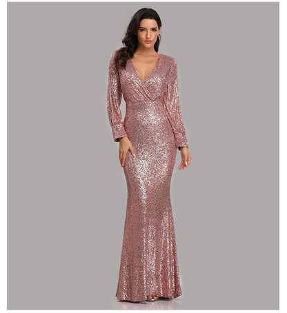 Sexy V Neck Sequined Mermaid Evening Dresses