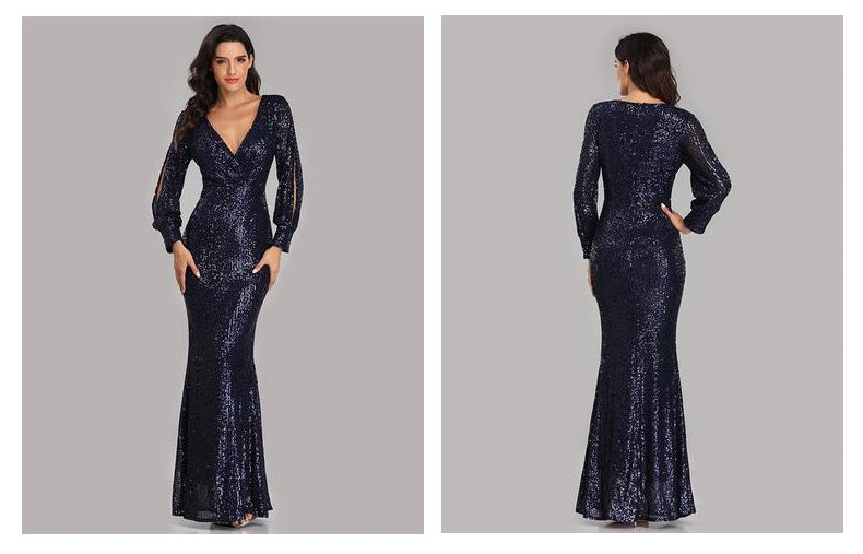 Sexy V Neck Sequined Mermaid Evening Dresses