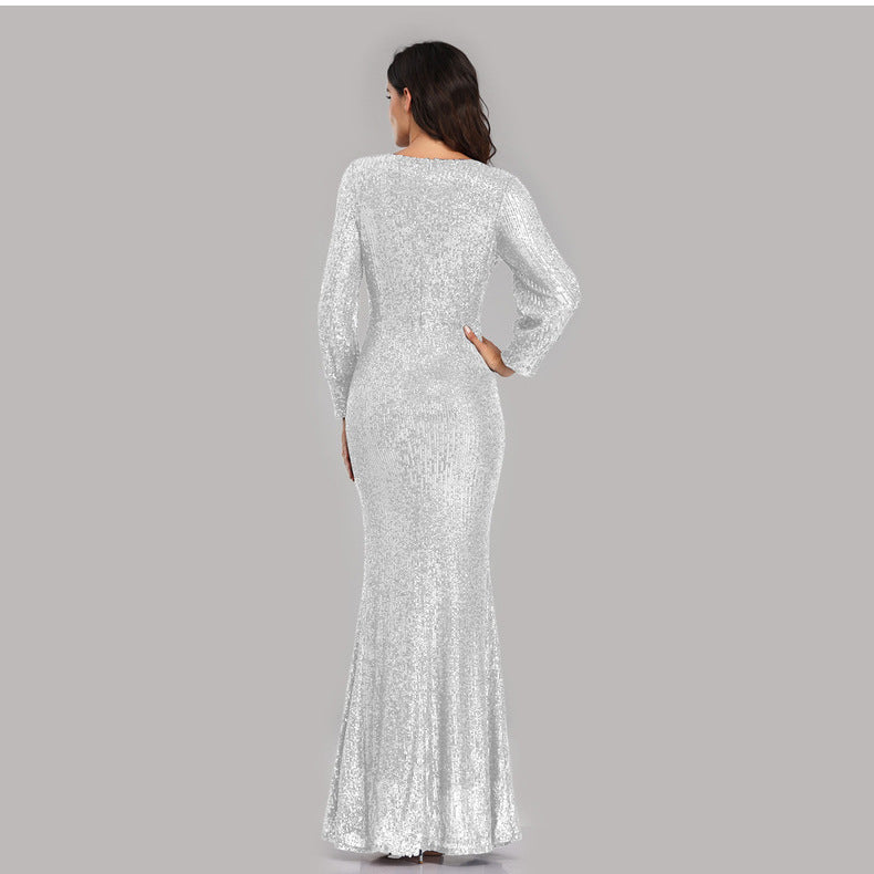 Sexy V Neck Sequined Mermaid Evening Dresses