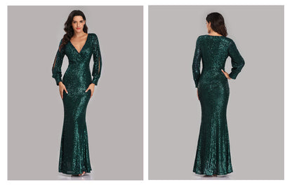 Sexy V Neck Sequined Mermaid Evening Dresses
