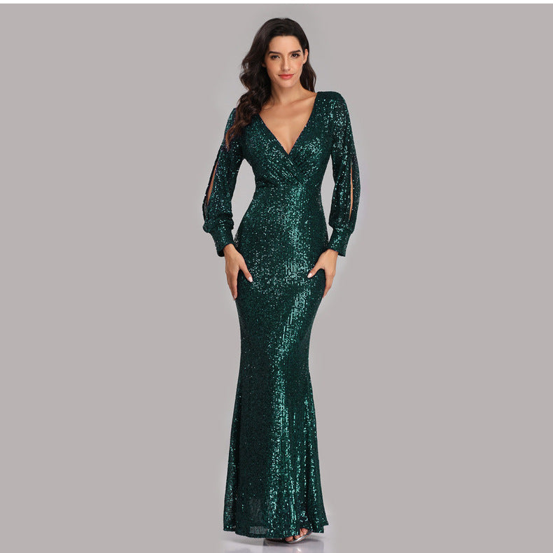 Sexy V Neck Sequined Mermaid Evening Dresses