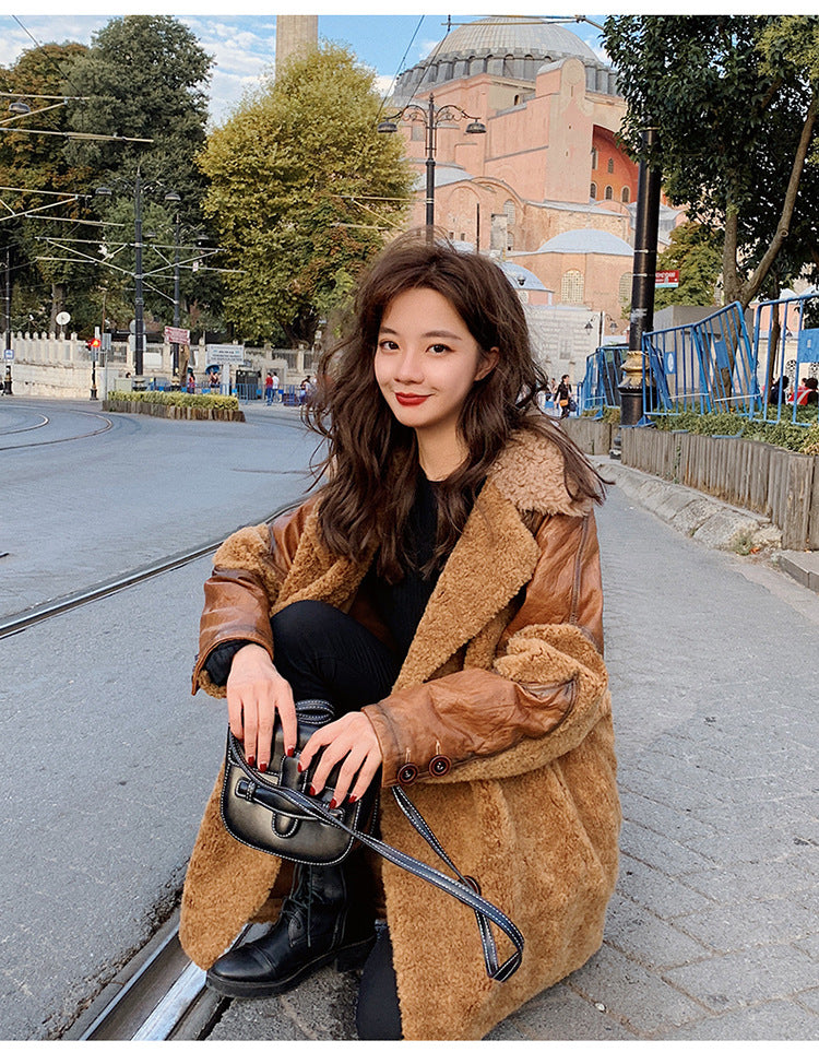 Fashion Leather with Fur Winter Women Jacket Coats