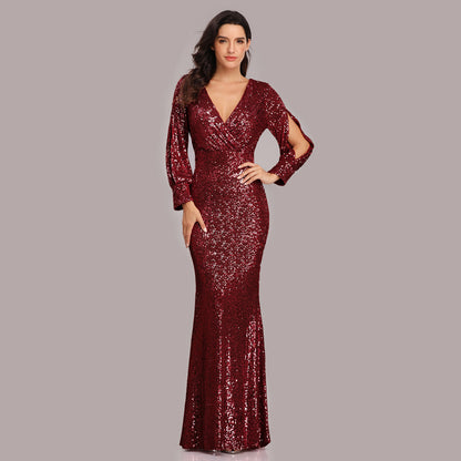 Sexy V Neck Sequined Mermaid Evening Dresses
