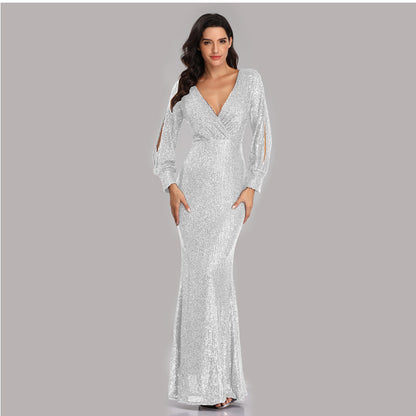 Sexy V Neck Sequined Mermaid Evening Dresses