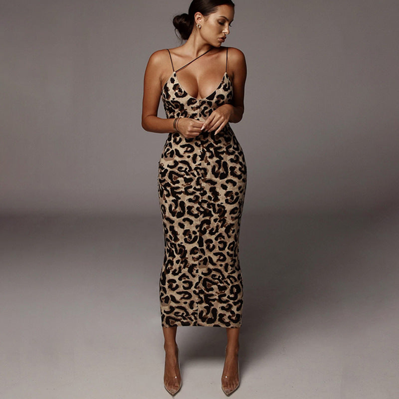 Sexy Simple Style Sleeveless V Neck Leopard Dresses
