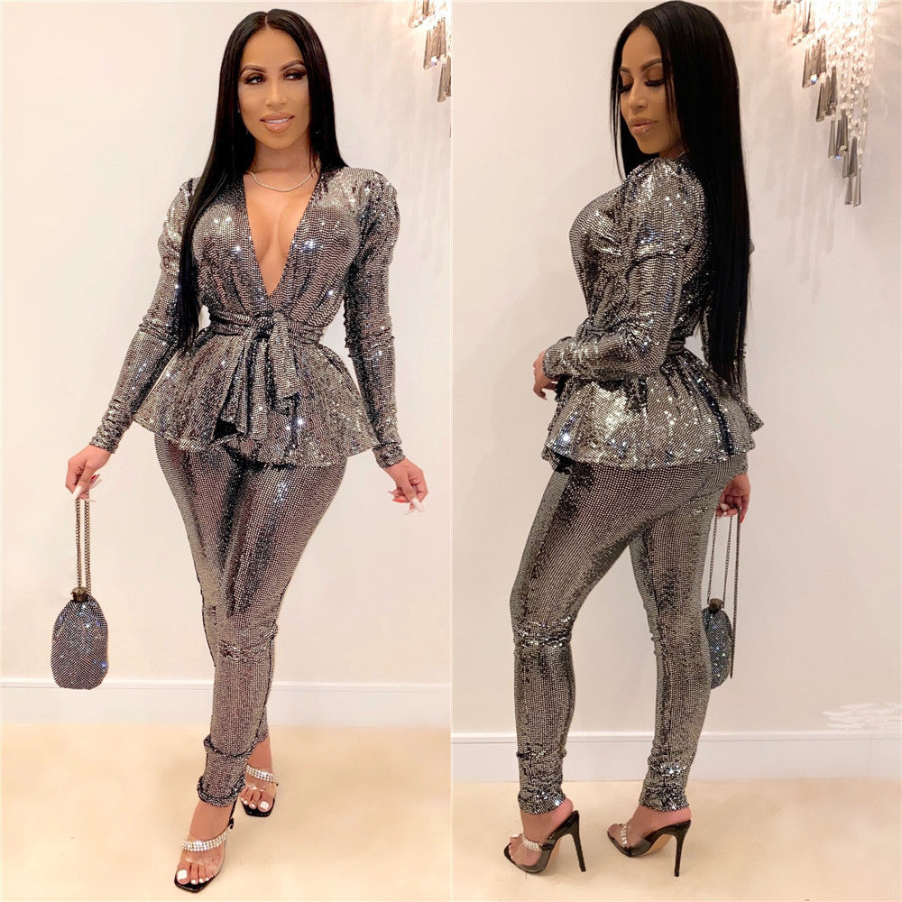 Sexy Fashion Gold Stamp Long Sleeves  Party Outfits Sets with Belt