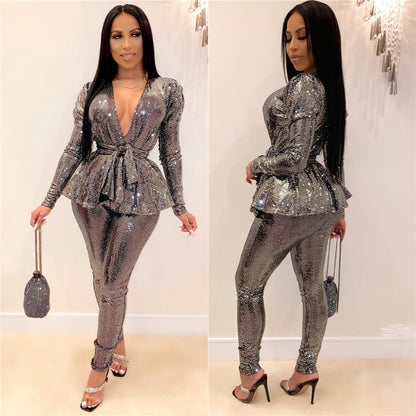 Sexy Fashion Gold Stamp Long Sleeves  Party Outfits Sets with Belt