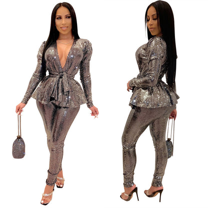 Sexy Fashion Gold Stamp Long Sleeves  Party Outfits Sets with Belt