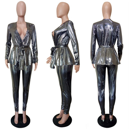 Sexy Fashion Gold Stamp Long Sleeves  Party Outfits Sets with Belt