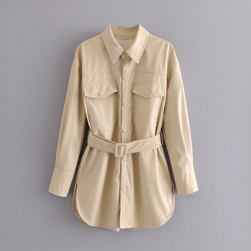 Fashion Casual Pu Leather Jackets Coat with Belt