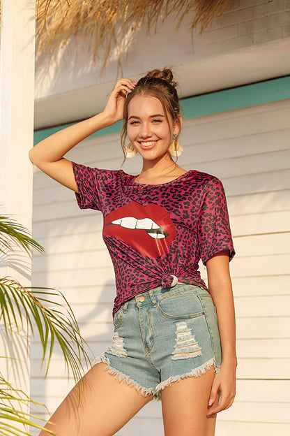 Casual Lip Print Short Sleeves T Shirts for Women