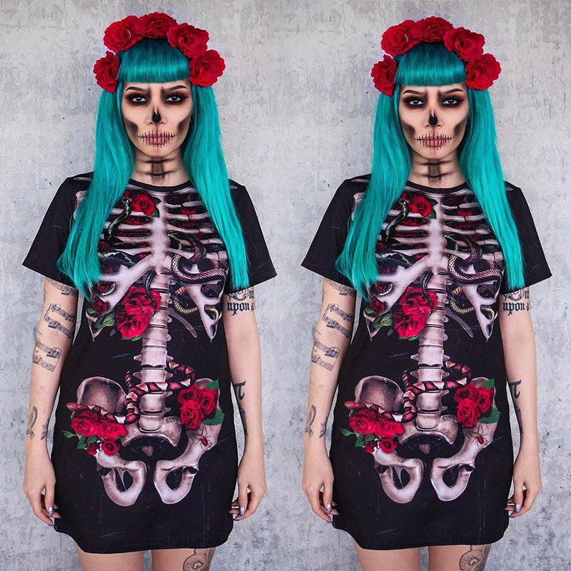 Halloween Skeleton Cosplay Costumes Short Sleeves Dresses