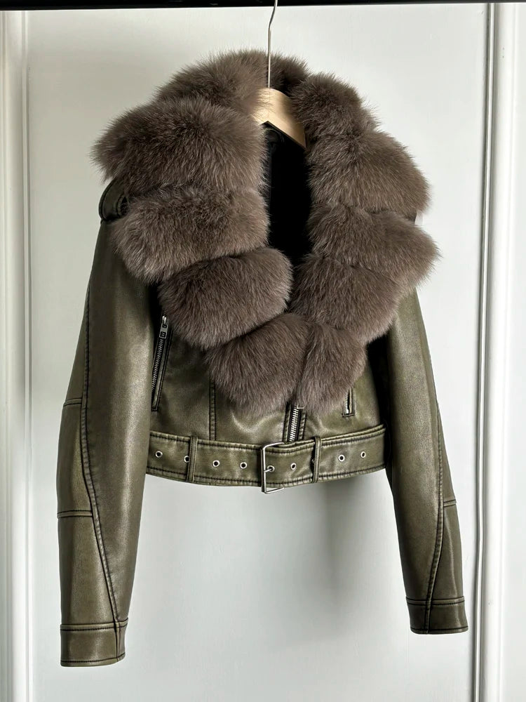 Women PU Faxur Fur Winter Jacket Outerwear