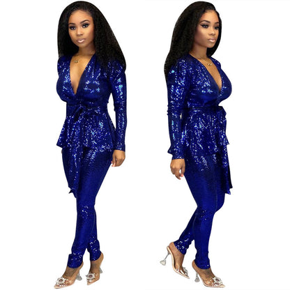 Sexy Fashion Gold Stamp Long Sleeves  Party Outfits Sets with Belt