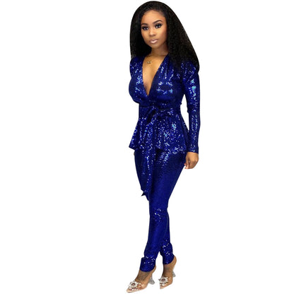 Sexy Fashion Gold Stamp Long Sleeves  Party Outfits Sets with Belt
