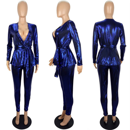 Sexy Fashion Gold Stamp Long Sleeves  Party Outfits Sets with Belt