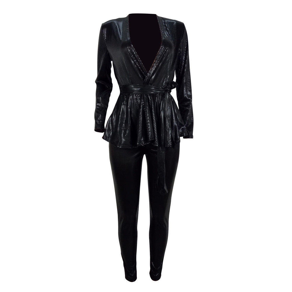 Sexy Fashion Gold Stamp Long Sleeves  Party Outfits Sets with Belt