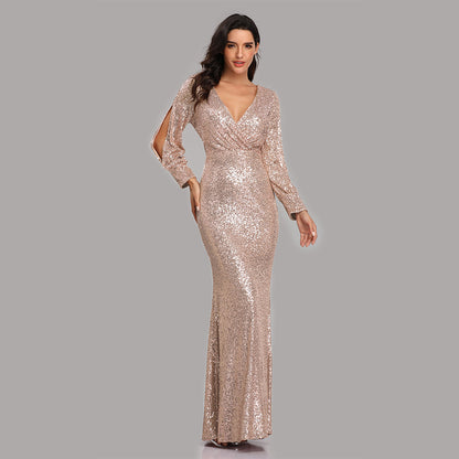 Sexy V Neck Sequined Mermaid Evening Dresses