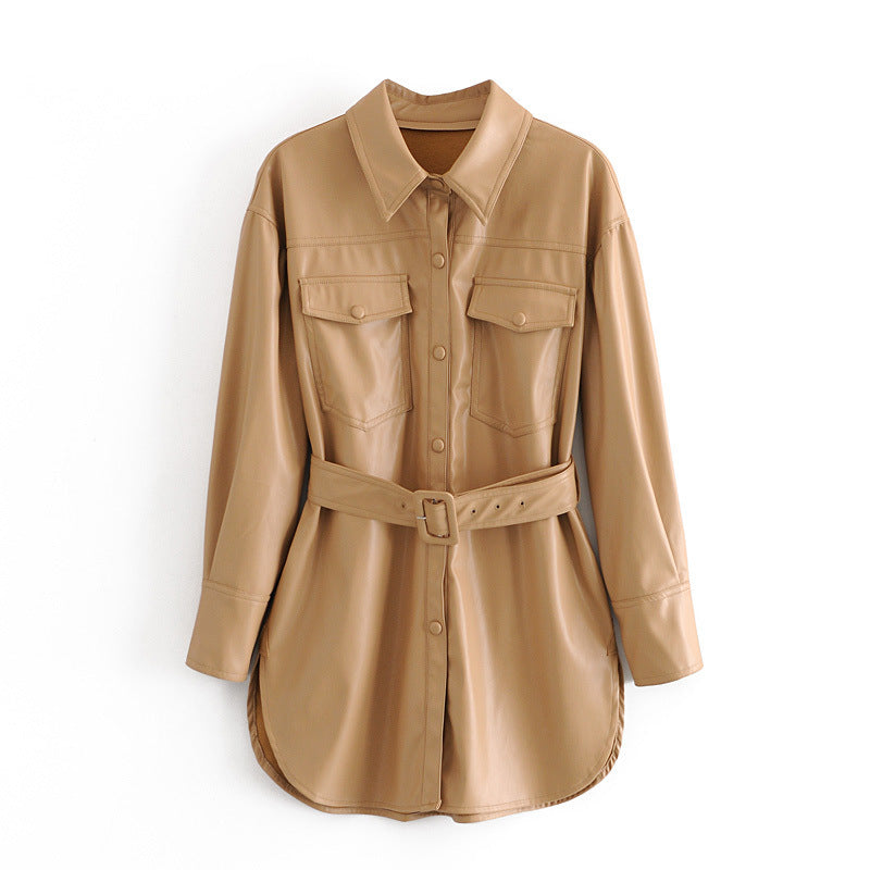 Fashion Casual Pu Leather Jackets Coat with Belt