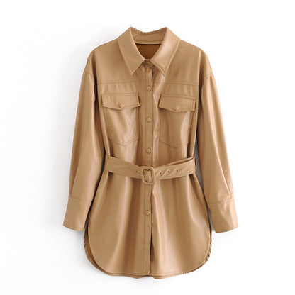 Fashion Casual Pu Leather Jackets Coat with Belt