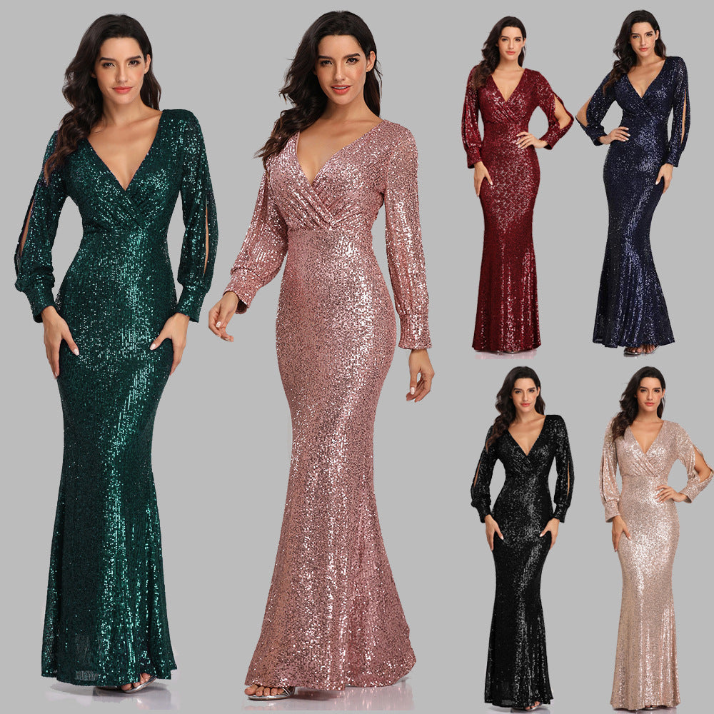 Sexy V Neck Sequined Mermaid Evening Dresses
