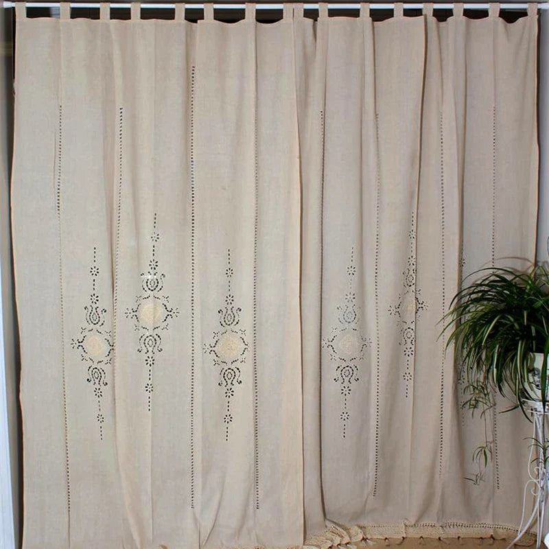Linen Hollow Solid Curtain Handmade Crochet Bottom Stitching 70% Blackout Window Curtain Customizable for Living Room