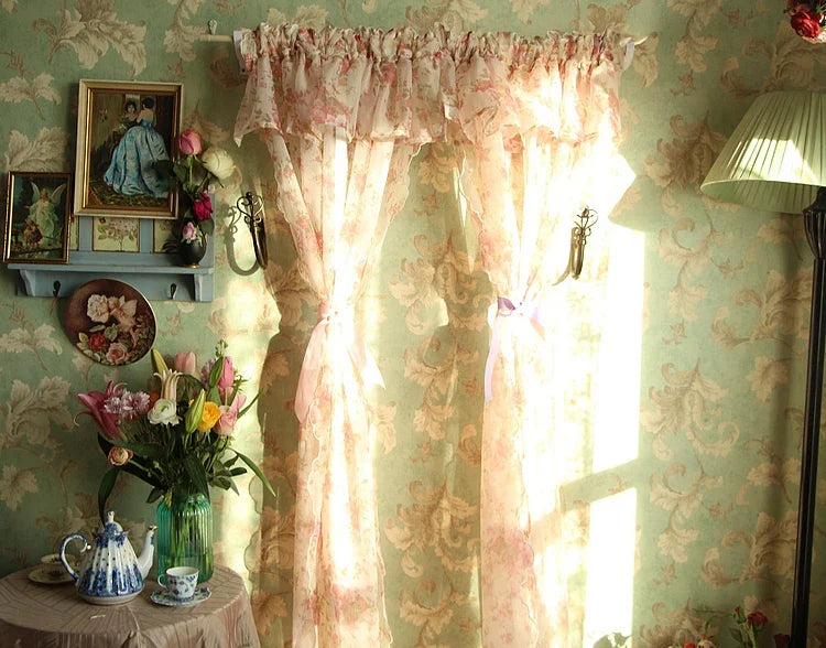 1 pcs Idyllic country style flower lotus leaf curtain head ribbon pull-down fan-shaped semicircular curtain gauze curtain