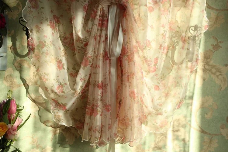 1 pcs Idyllic country style flower lotus leaf curtain head ribbon pull-down fan-shaped semicircular curtain gauze curtain