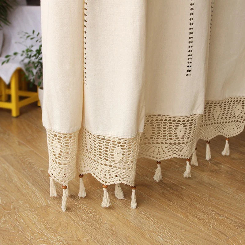 Linen Hollow Solid Curtain Handmade Crochet Bottom Stitching 70% Blackout Window Curtain Customizable for Living Room