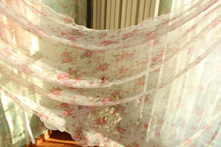 1 pcs Idyllic country style flower lotus leaf curtain head ribbon pull-down fan-shaped semicircular curtain gauze curtain