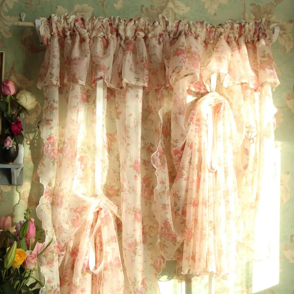1 pcs Idyllic country style flower lotus leaf curtain head ribbon pull-down fan-shaped semicircular curtain gauze curtain