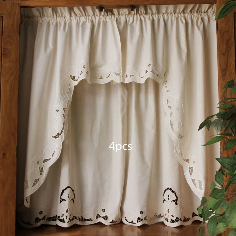 Short Coffee Curtain Retro Hollow Hem Wear Pole Triangular Curtains for Bar Kitchen Cabinet Door and Window