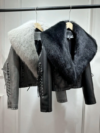Women Vintage Loose Washed Faux Leather Short Zipper Jacket Coats