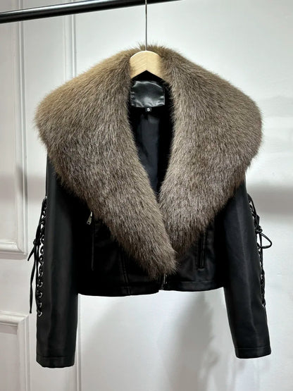 Women Vintage Loose Washed Faux Leather Short Zipper Jacket Coats