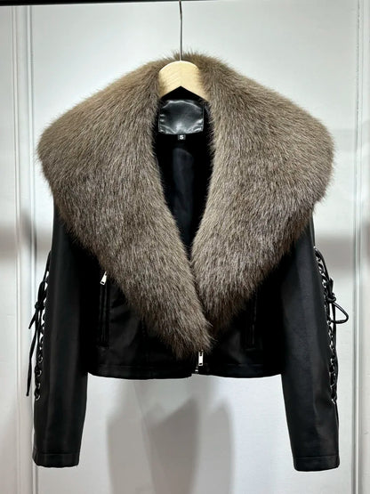 Women Vintage Loose Washed Faux Leather Short Zipper Jacket Coats