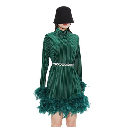 Vintage Feather Design Long Sleeves Short Dresses