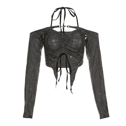 Fashion Gray Off The Shoulder Halter Short Shirts