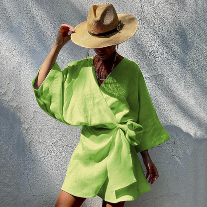 Designed Cotton Linen Irregular Mini Dresses