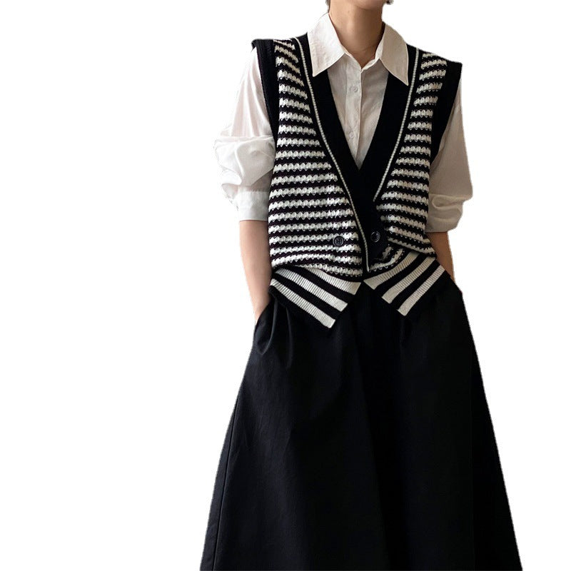 Vintage Designed Striped Knitted Top Vest