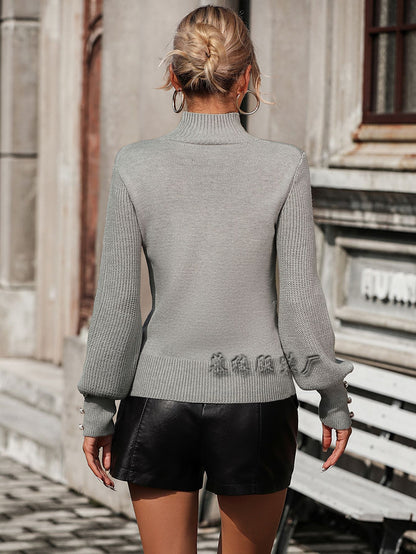 Casual High Neck Beaded Women Sweaters