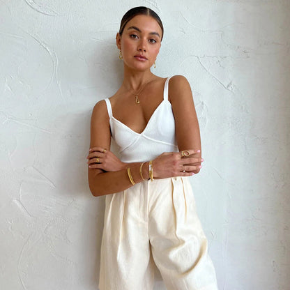 Ivory Cotton Linen Sleeveless Vest and Shorts Suits