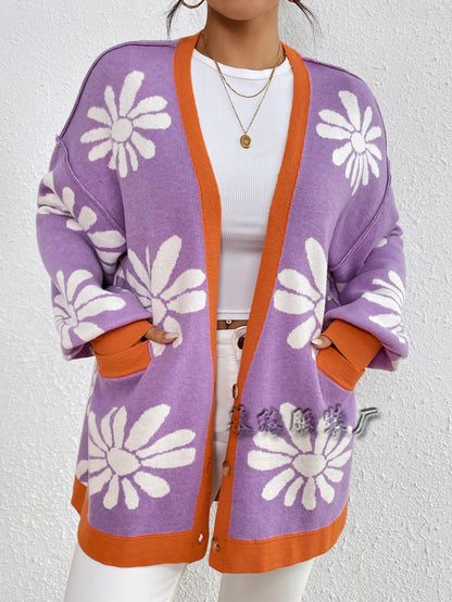 Casual Floral Print Knitted Cardigan Coats