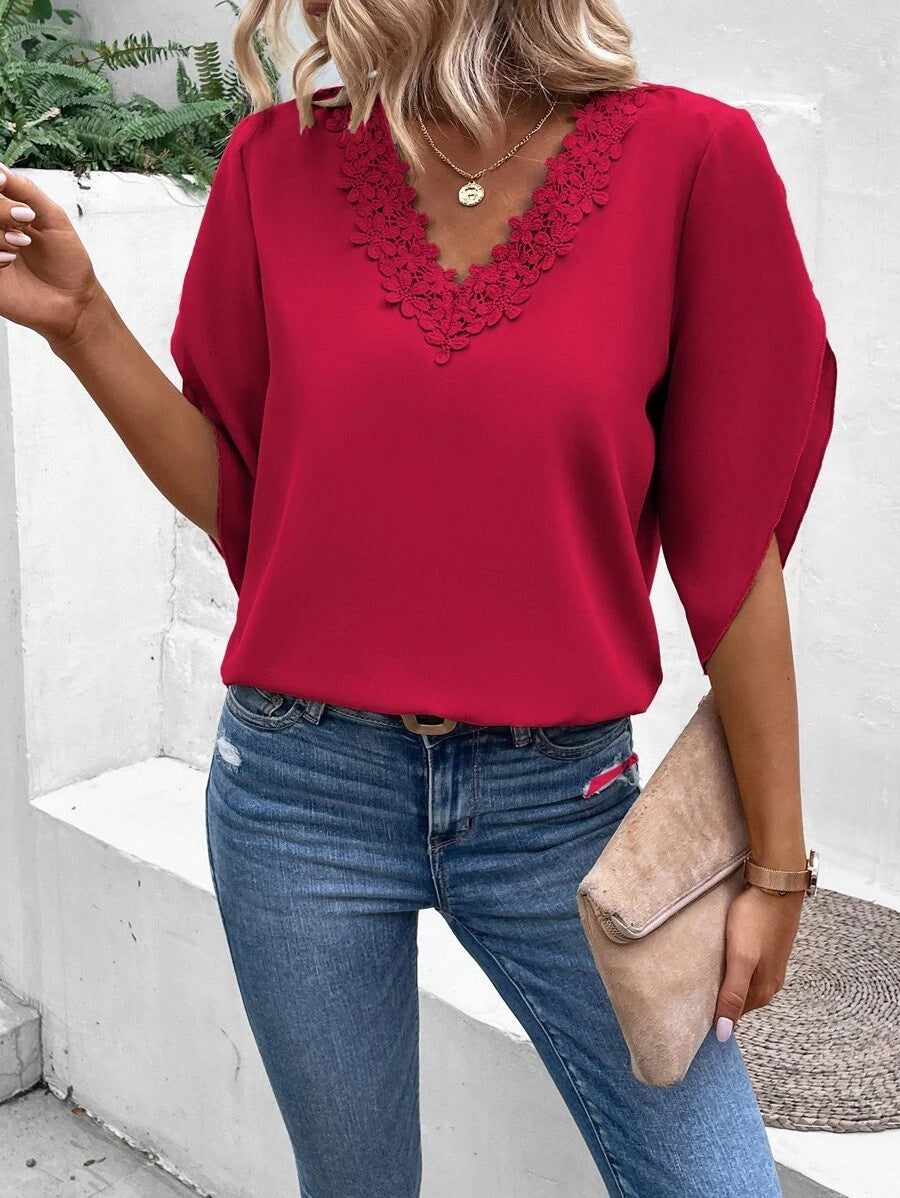 Summer Women's Solid Color Lace V-neck Horn Sleeve Loose Shirt Blouse