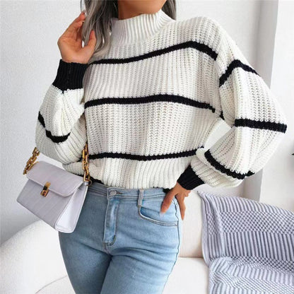 Fashion Striped High Neck Knitted Pullover Sweaters