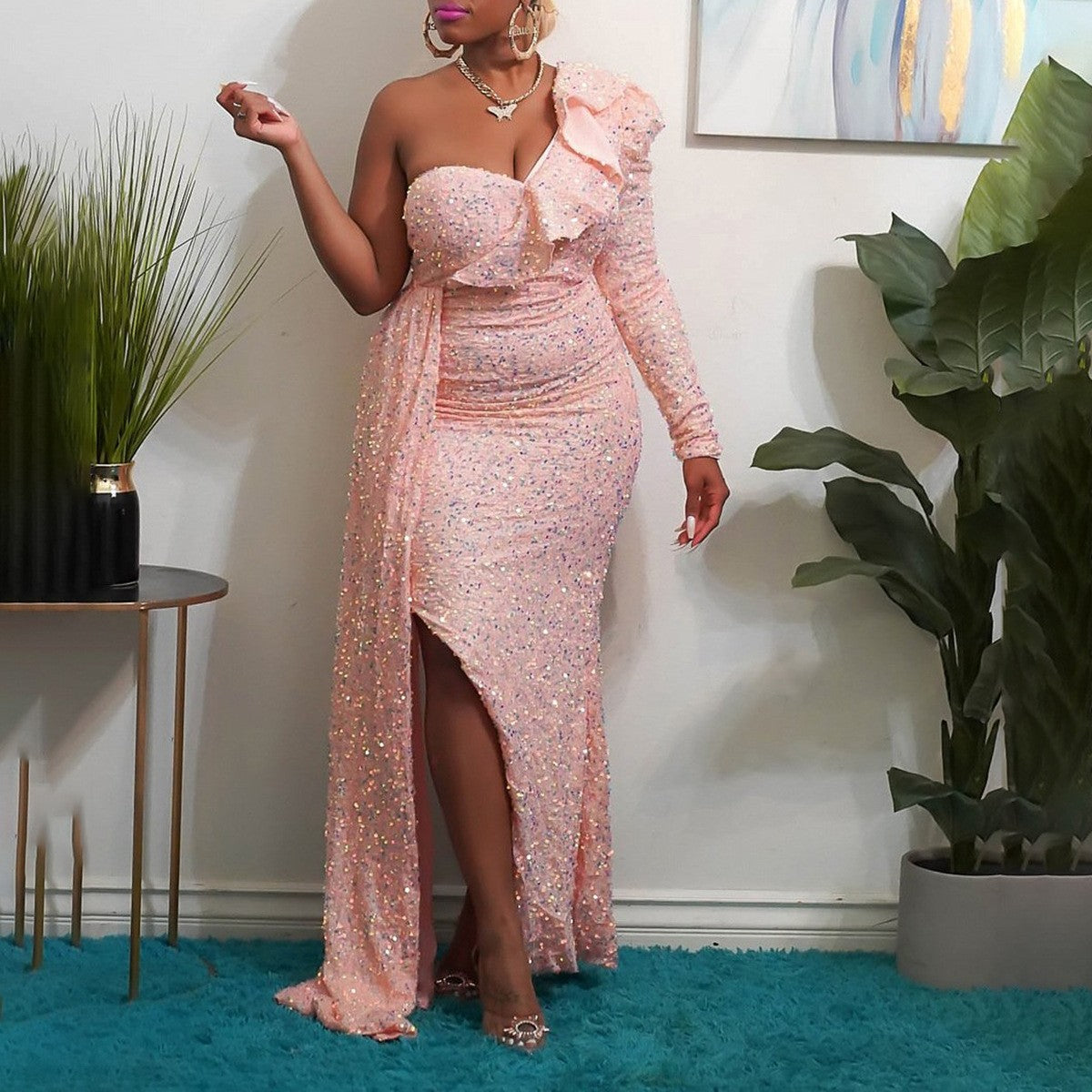 Sexy Sequined One Shoulder Long Party Dresses