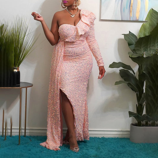 Sexy Sequined One Shoulder Long Party Dresses