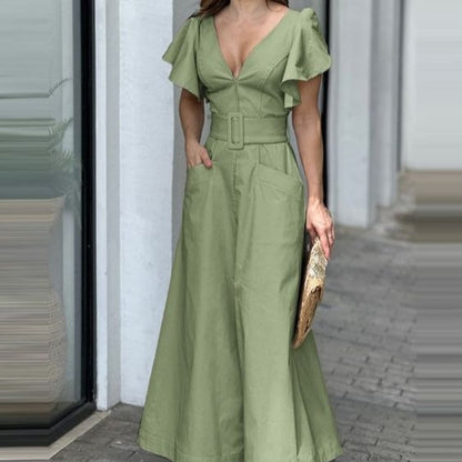 Fashion V Neck Ruffled Long Dresses