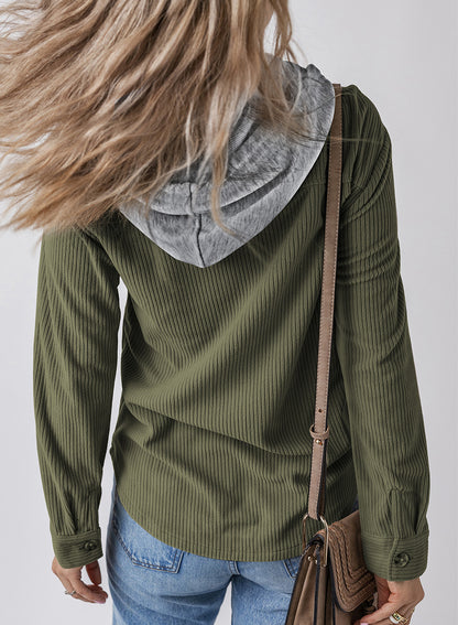 Women Lapel Buckle Cardigan Hooded Pull Rope Striped Jacket Coats
