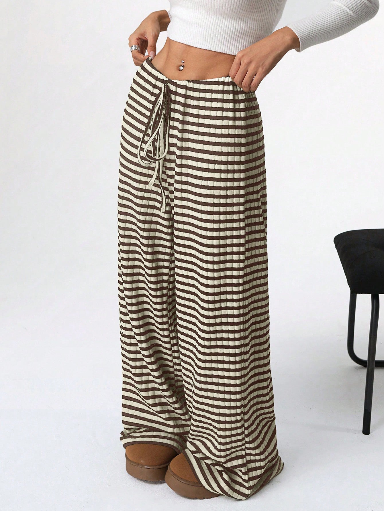 Casual Women Striped Solid Color Pull Rope Cotton Straight Pants