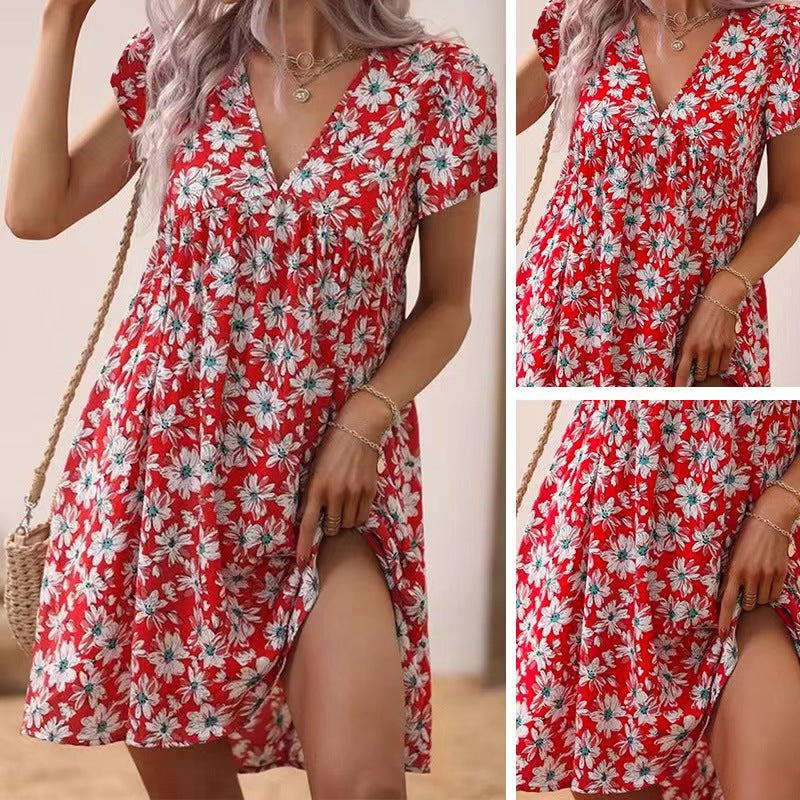 Casual V Neck High Waist Short Sleeves Summer Dresses